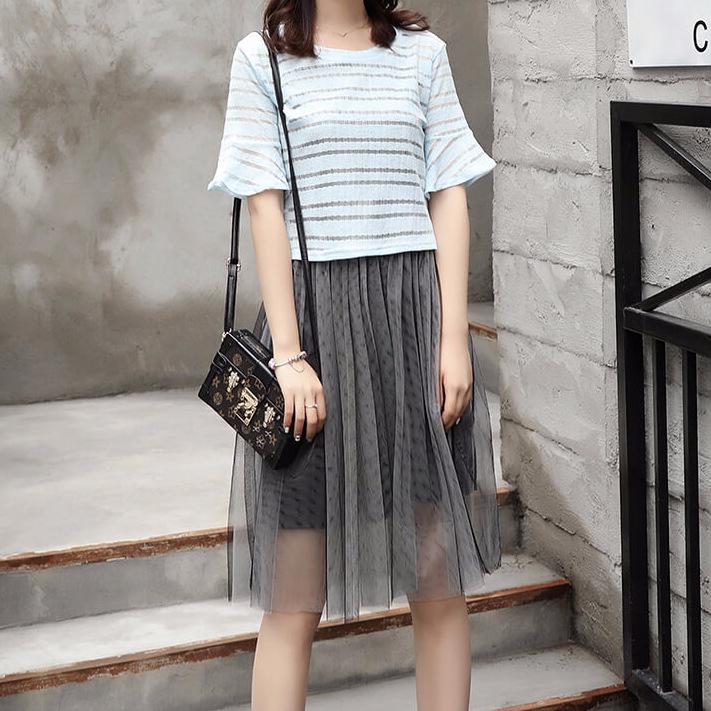 Summer 2023 Plus Size Mesh Suspender Skirt Set for Women - Waist Slimming, Two-Piece Dress