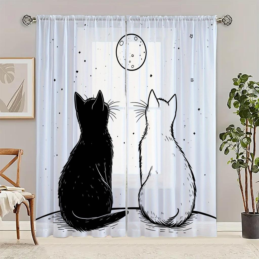 2 Pieces Hd Digital Black And White Kitten Printed Window Screen Home Decor Style Decoration Living Room Window Curtain