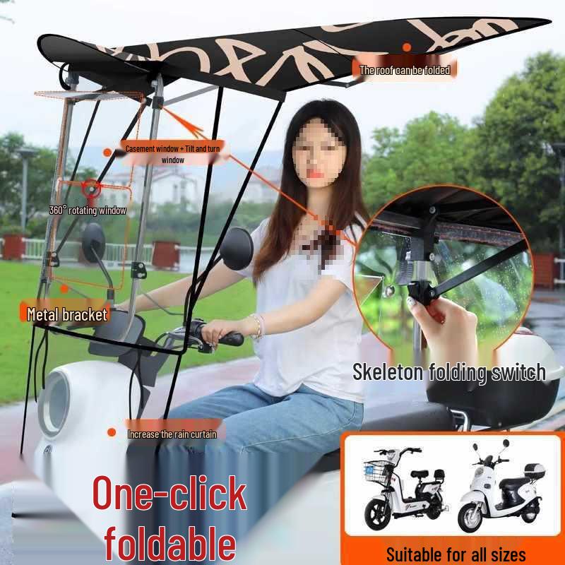 Electric Vehicle Detachable Folding Awning: Retractable Sunshade, Windproof & Rainproof for Pedal Motorcycles.