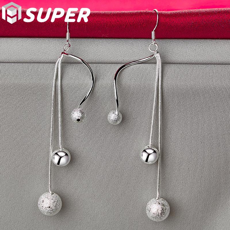 925 Sterling Silver Smooth Frosted Beads Ball Drops Earrings Jewelry