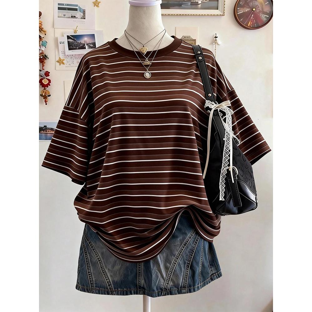New Y2K Striped Digital Print Casual Oversized Mid-Length Round Neck Drop Shoulder Women Tshirt Street Fashion Casual Sports Top