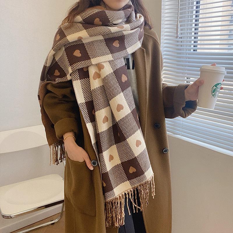 Love plaid double-sided thickened warm imitation cashmere scarf women's autumn and winter office air conditioner shawl scarf