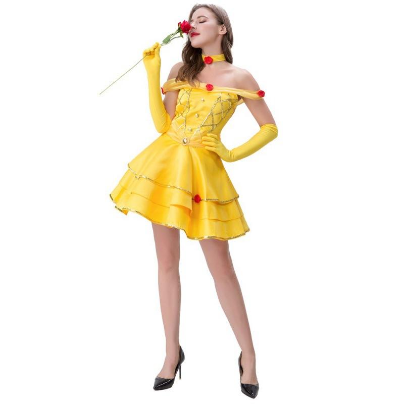 

New Halloween costume, yellow princess short rose dress, yarn collar, suspender, stage role-playing S