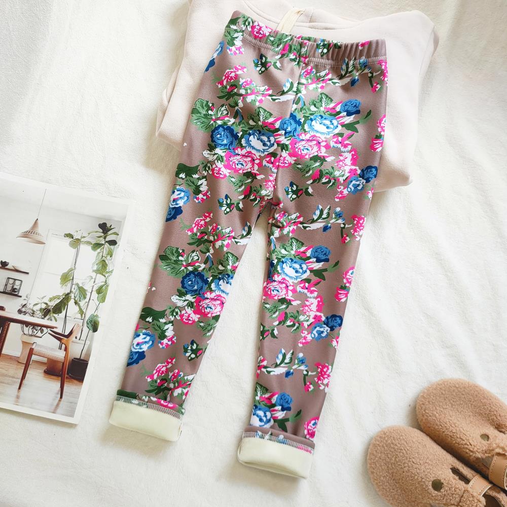 Floral Print Autumn Winter Thickened Warm Kids Pants Baby Girl Velvet Leggings Children's Trouser