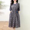 Cotton and linen printed dress women's summer temperament lace-up loose and thin medium and long dress