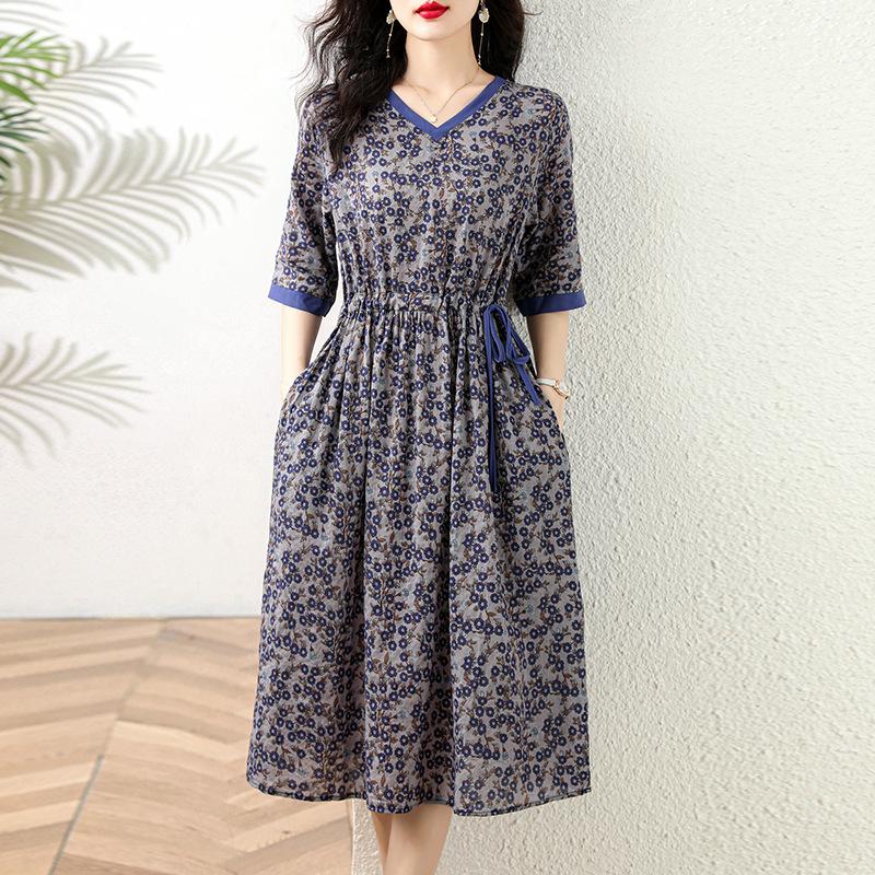 Cotton and linen printed dress women's summer temperament lace-up loose and thin medium and long dress
