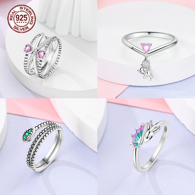 Luminous Firefly 925 Silver Ring Sparkling Rainbow Color Heart Wishbone Flower Original Rings For Women Wedding Jewelry