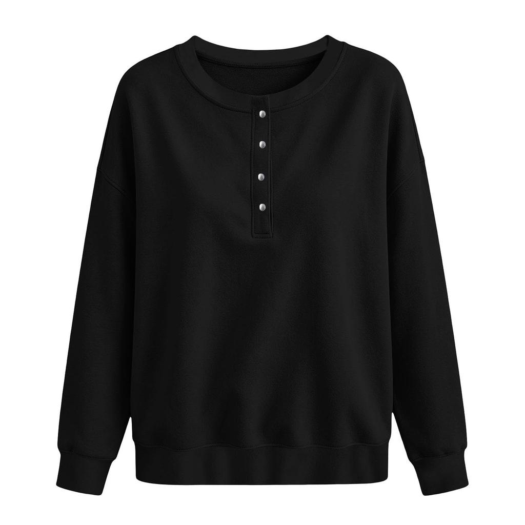 Women's Button Front Neck Pullover Sweatshirt Long Sleeve Color