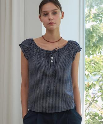 HAINT Lucet Check String Button Blouse 2Col_Navy