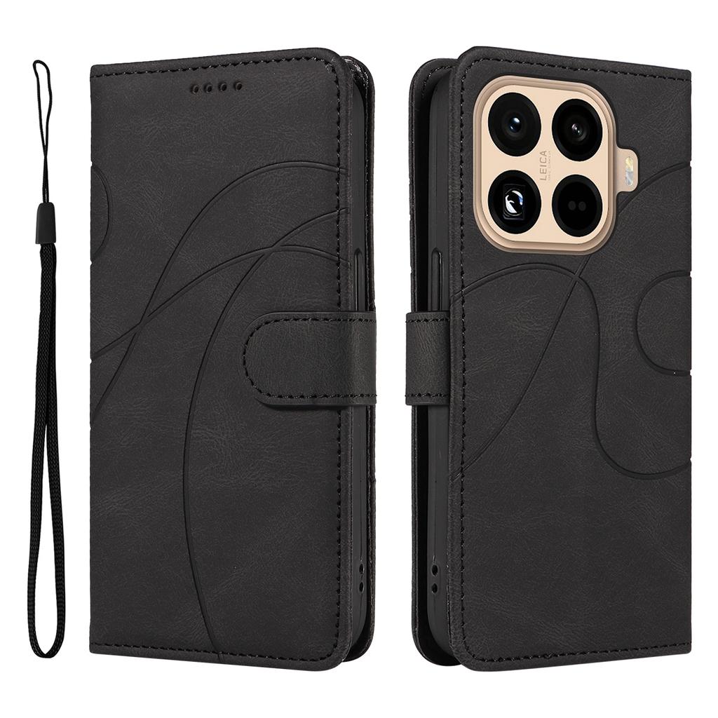 For Xiaomi 15T Pro Wallet Case Leather Phone Cover Stand with Curved Line Design - Black