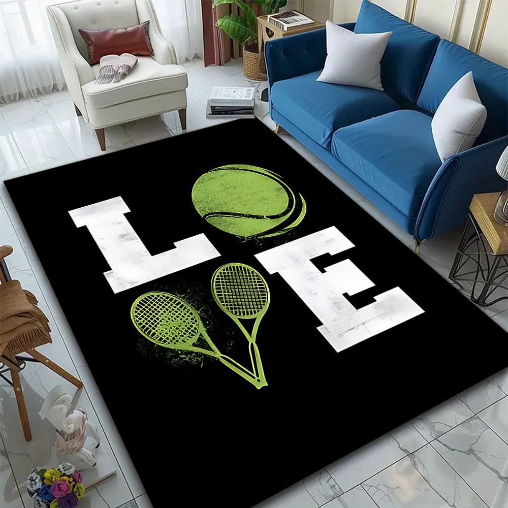 Tennis Love Design On Black Background Patterned Carpet, Suitable As a Non Slip Play Mat for the Living Room and Bedroom Sofa