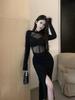 Pure desire Spice Girl mesh splicing long-sleeved dress women's early autumn new split-ended sexy medium and long hip-wrapped dress