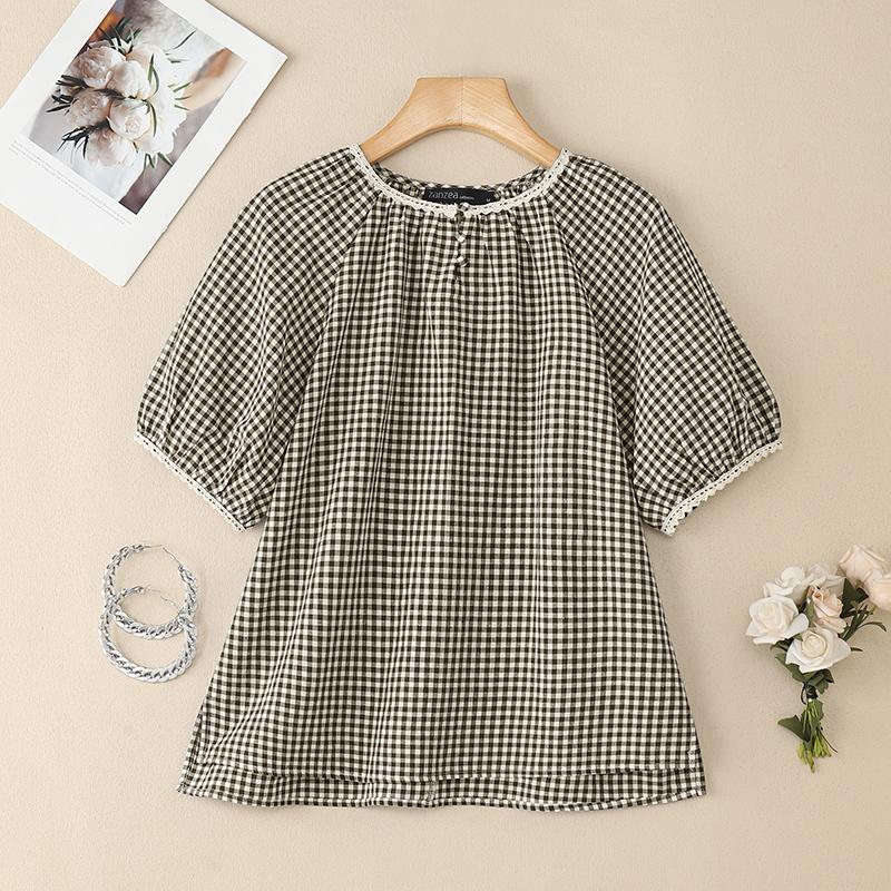 ZANZEA Women Grid Print Casual Round Neck Summer Short Sleeve Blouse
