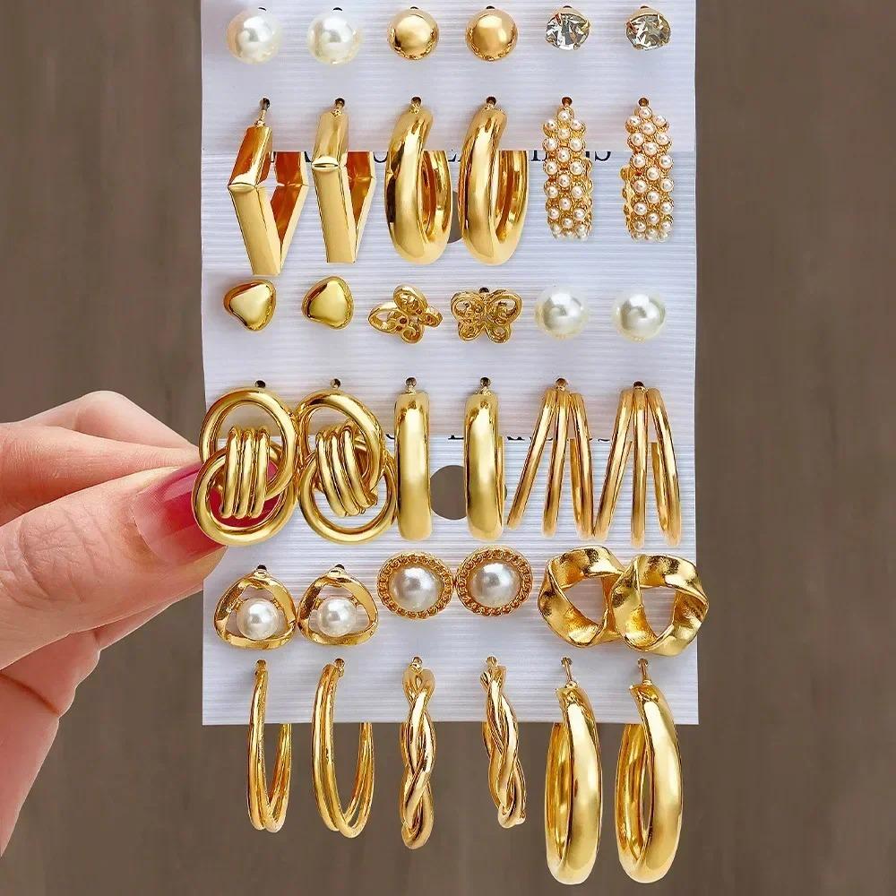 6 Pairs Boho Big Circle Hoop Earrings Set for Women Gold Color Bohemian Vintage Pearl Jewelry Gifts