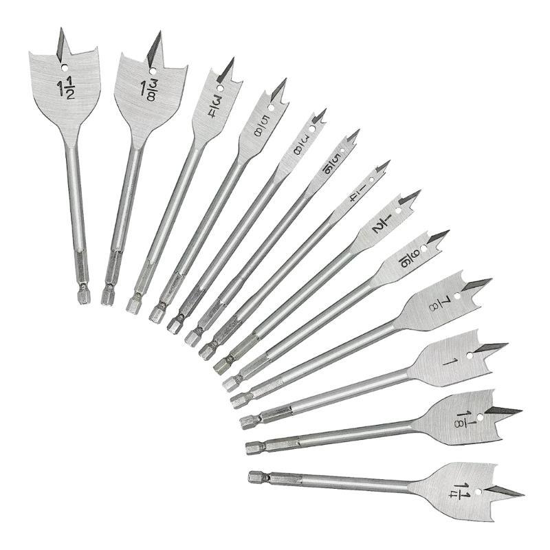 

13Pieces Spade Drill Bit Sets, Paddle Flat Bit for Hole Cutter Woodworking, 1/4 to 1-1/2 , Carbon Steel Paddle Flat Bit