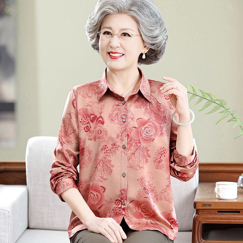 

60s-70s Silk Print Long Sleeve Shirt for Middle-Aged & Elderly Women - Spring/Summer Collection 5XL (Recommended 150-165 jin)