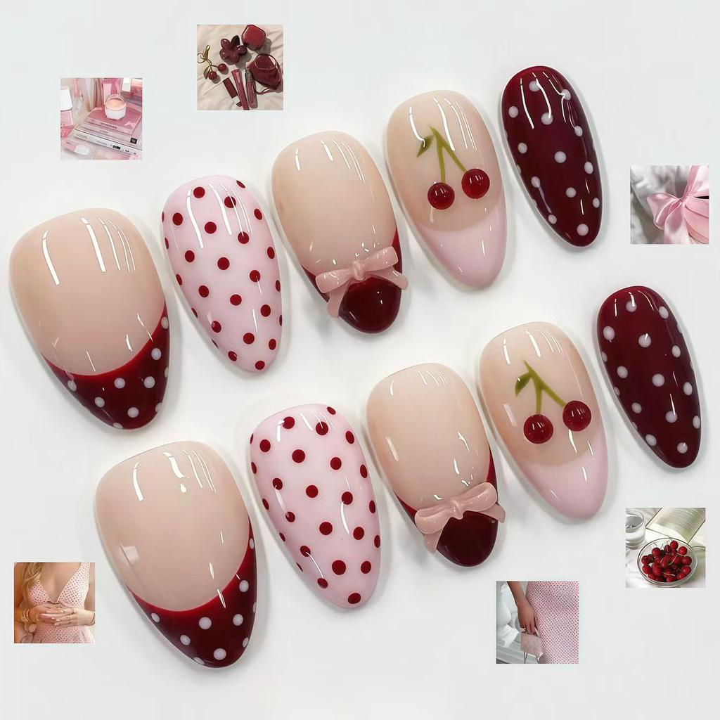 24PCS 3D Mushroom Almond Press on Nails Hand-painted Cute Apple Golden Spiral Polka Dot French Fake Nails Wearable Nail Manicure