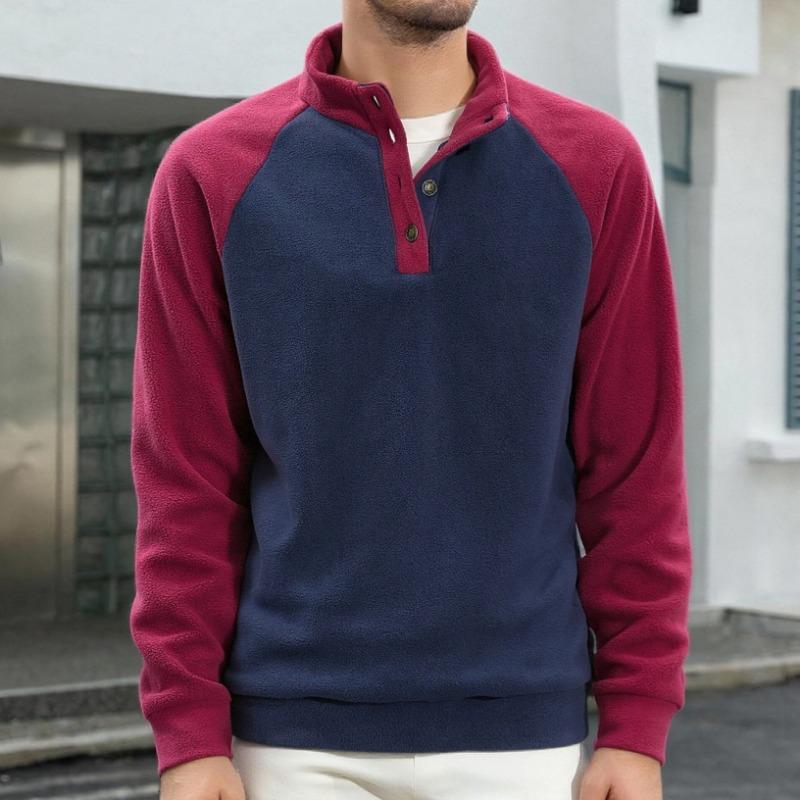

New Men s Casual Sports Pullover Four-Button Stand Collar Contrast Color Versatile Sweatshirt S