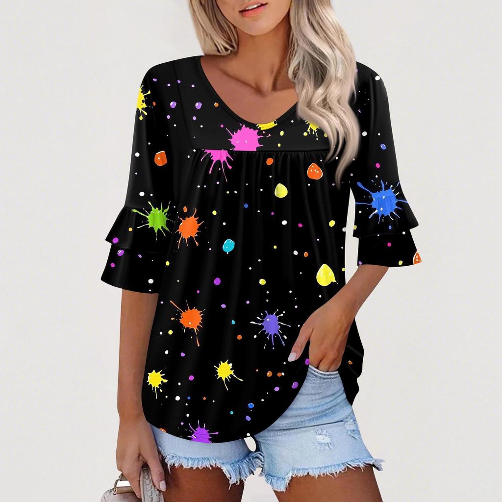 3/4 Length Sleeve Womens Tops Dressy Casual Blouses Bell Ruffle Sleeve Loose Fit Tunic Tops V Neck T Shirts
