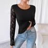 Frühling Neue frauen Einfarbig Spitze Nähte Langarm Dünnes T-Shirt Top Frauen