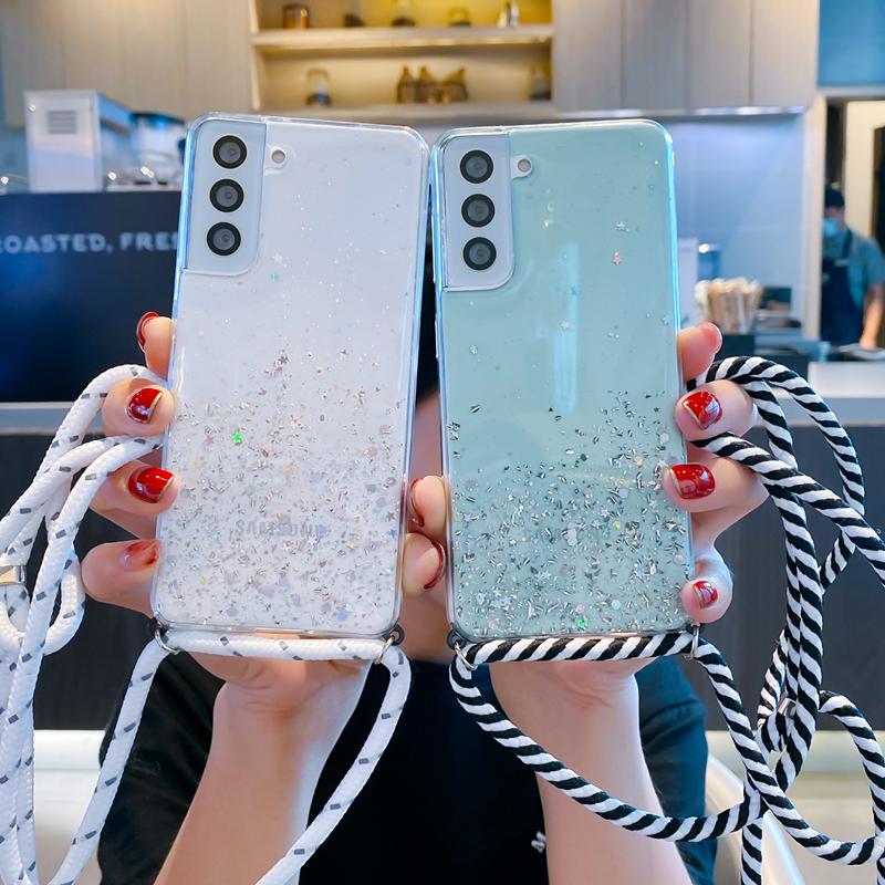 Glitter Phone Case For Samsung Galaxy A14 A36 A33 A53 A73 A52 A54 A56 A34 A16 A15 A55 S25 Cover Crossbody Necklace Lanyard Strap