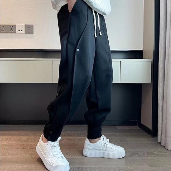Autumn Men Pants Solid Color All Match Drawstring Elastic Waist Loose Ankle Tied Pants for Daily Wear