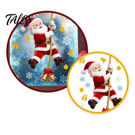 Waterproof PVC Stickers Christmas Window Cling, Santa Climbing Rope Sticker, Removable Static Cling Pattern Tree Decal for Glass Doors Windows Holiday
