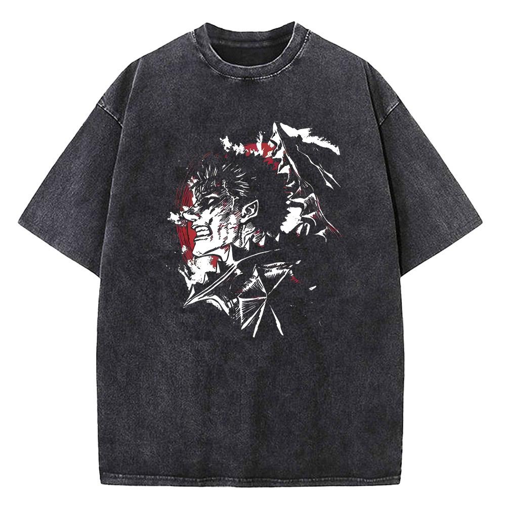 Anime Berserk Guts Graphic Printed Tee Men Women Vintage Washed Casual Tshirts High Quality Cotton T Shirt Harajuku Male Tshirt