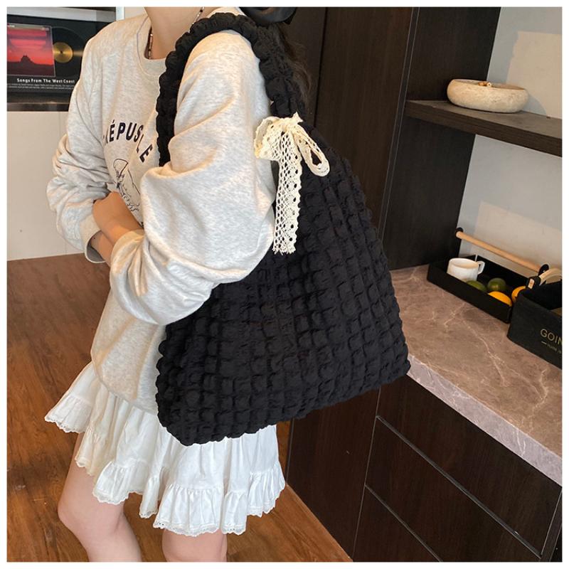 {MX} Cute Soft Polyster Pleated Cloud Bag Large Capacity Shoulder Bag Shopping Handbags Fashion Girls Tote Pouch