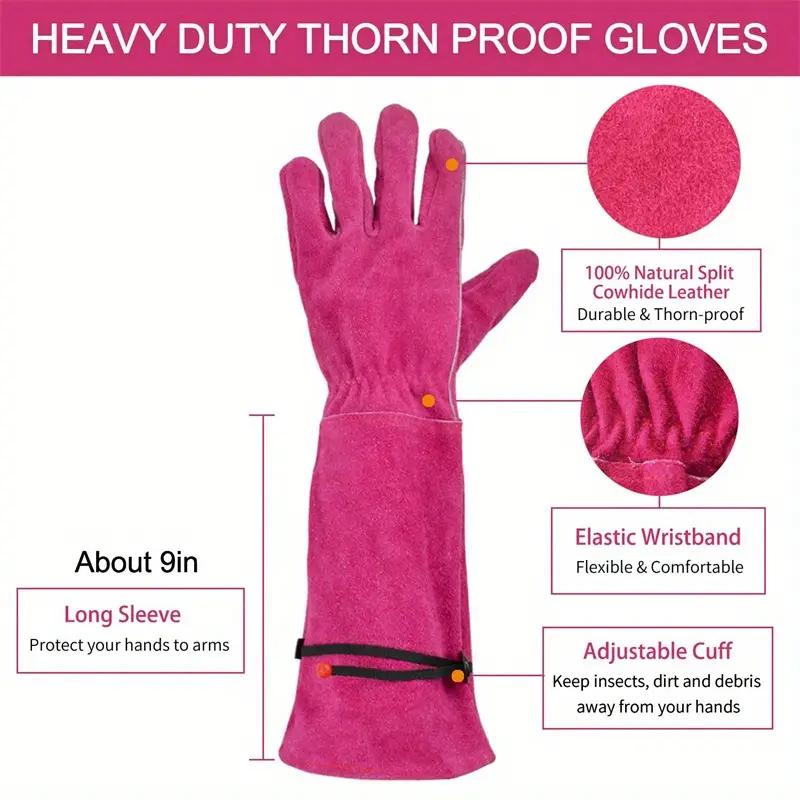 1 Pair Long Leather-Like Gardening Gloves with Extended Cowhide Sleeves Heavy-Duty Thorn-Resistant Rose Pruning Gloves Outdoor