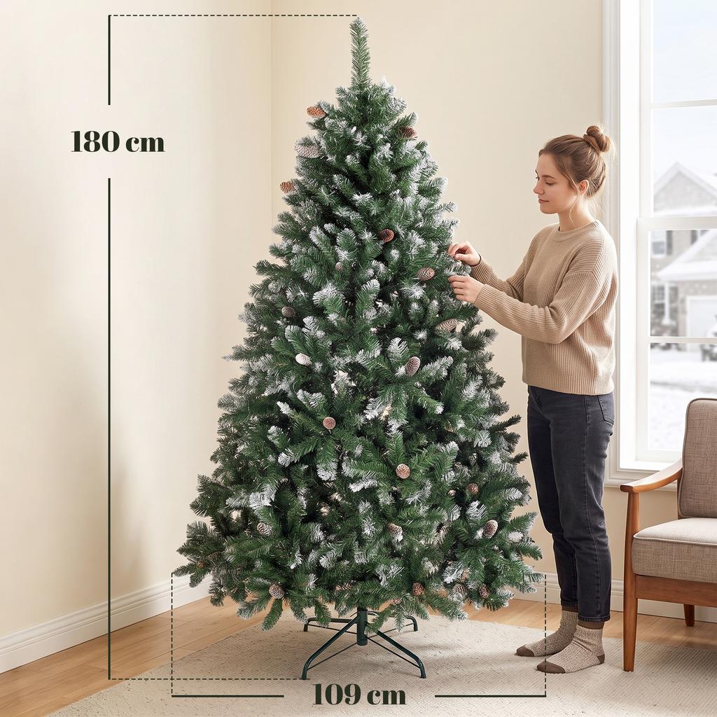 Artificial Christmas Tree 180cm with 910 Branches with Snow, 58 Pine Cones and Foldable Metal Stand, Easy Assembly, Green