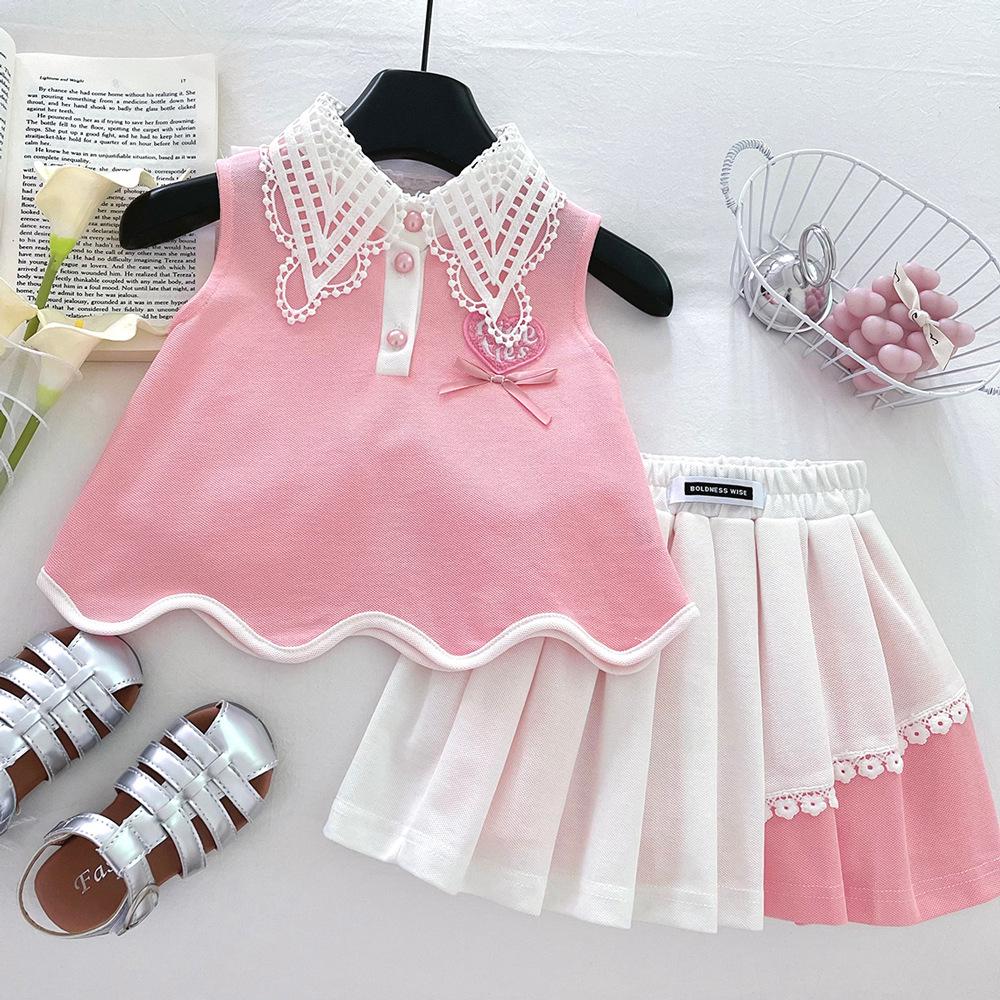 2025 Girls' Summer Set: Backless Sleeveless Top & Pleated Skirt In Princess Style