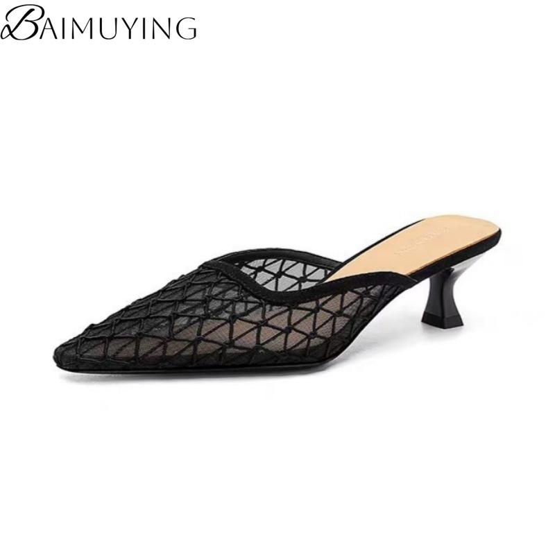 Fashion Pointed Toe Mesh Women Slippers Mules Shoes Woman Summer Heeled Sandals 2025 Fashion Shallow Loafers Sexy Pumps Dress Sandalias