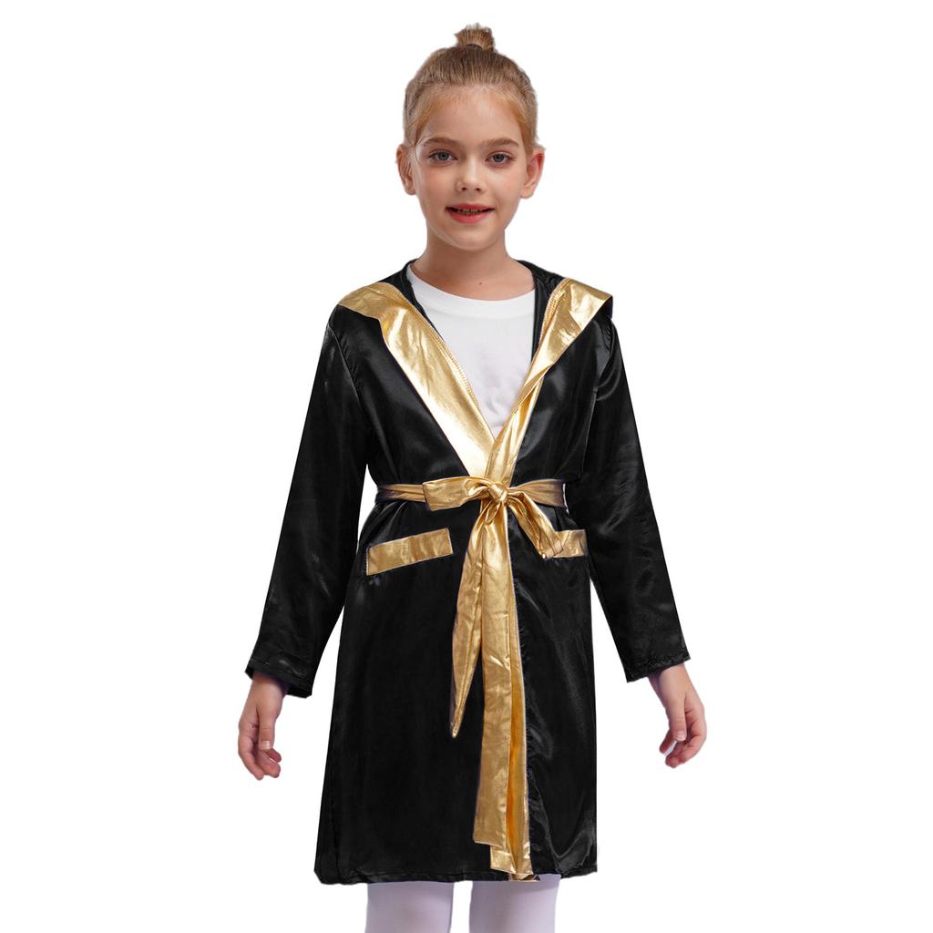 Kids Boys Boxing Robe Boxer Cosplay Costume Long Sleeve Metallic Trim Satin Hooded Cloak Kickboxing Gown for Halloween Party