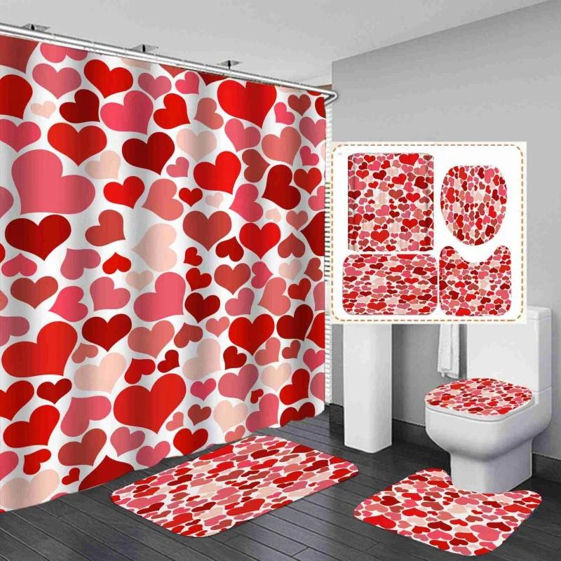 Valentine's Day Bathroom Set Heart Shower Curtain Non-Slip Rugs Toilet Cover U Shaped Bath Mat Red Shower Curtain with 12 Hooks