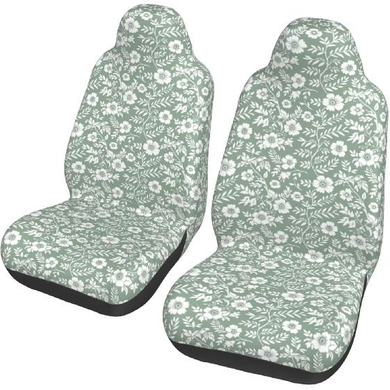 Floral Auto Seat Covers Cute Leaf Front Seat Protector Fit for Cars Sedan SUV Van Set of 2 Pcs, Sage Green Cloth Automotive Vehicle Seat Covers for
