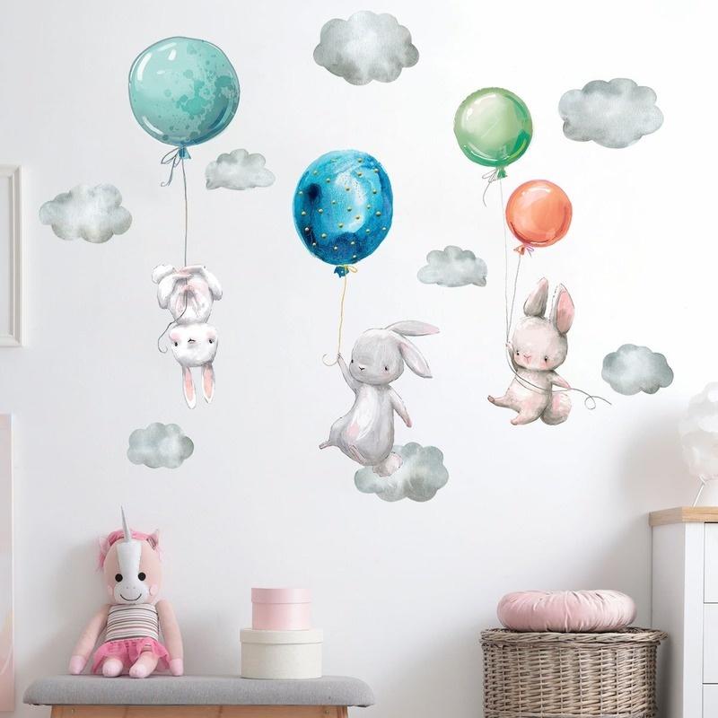 Cartoon Animal Bunny Wall Stickers for Kids Rooms Balloon Decoration Wall Stickers Large Kids Wall Decals