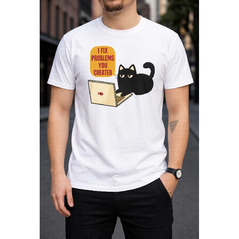 Plus Size - Men's T-Shirt S-5XL Featuring A Funny Black Cat On Laptop Graphic With 'I Fix Problems You Created' Text - A Casual Short-Sleeve