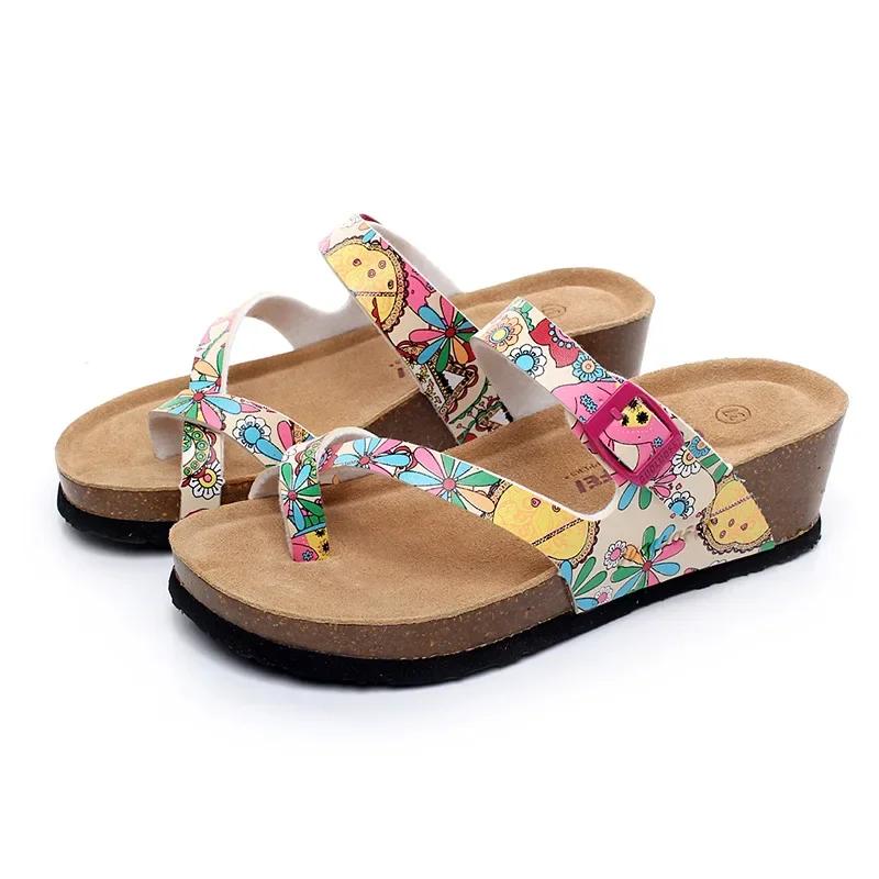 Fashion Hot Sell Women Sandals Flats Cork Slippers Casual Shoes Print Mixed Colors Slides Beach Cork Flip Flop Plus Size 35-42