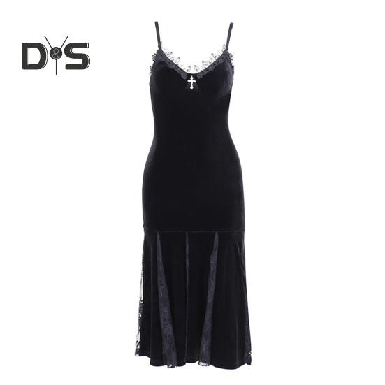 Vestito da cosplay di Halloween da donna, scollo a V, in pizzo, con spalline sottili, orlo a coda di pesce, stile scuro, gotico medievale, vintage, senza maniche, spettacolo teatrale