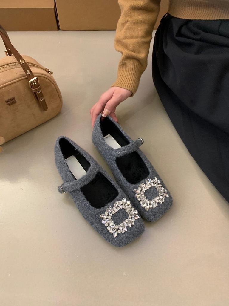 Evening Xiaoxiangfeng Square Diamond Word with Gray Velvet Small Single Shoes Soft Sole Warm Fluffy Mary Jane Cotton Shoes