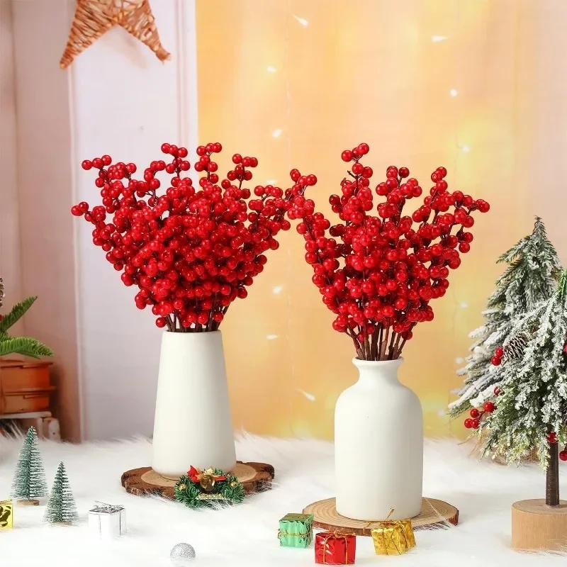 1-10 bucăți de Crăciun ramuri de fructe de pădure roșii de Crăciun, flori artificiale, coroană de bricolaj, cadou, ornament pentru brad de Crăciun, decorare pentru masă de Anul Nou