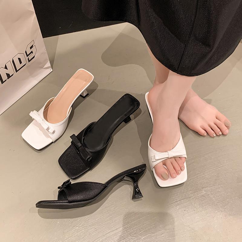 2025 Summer Square Head Open Toe Solid Color Bow Thin Heel Simple Versatile Women's High Heel Cool Slippers
