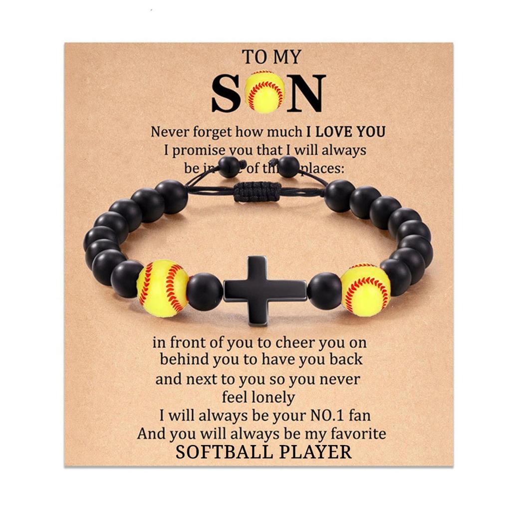Baseball Basketball Football Soccer Gifts, Natural Stone Baseball Cross Prayer Bracelets for Teen Ideas with Message Gift Card
