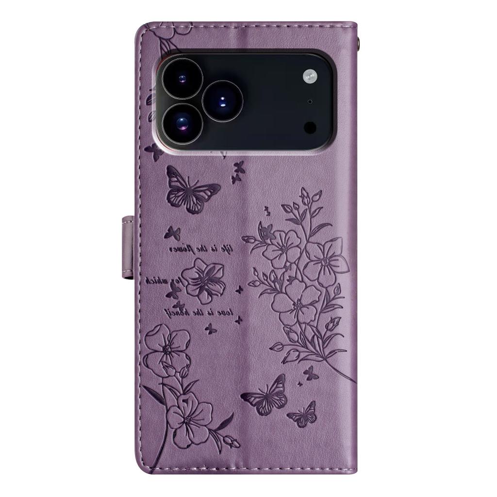 For iPhone 17 Pro Max Wallet Phone Case Butterfly Floral Imprint Leather Flip Cover with Strap