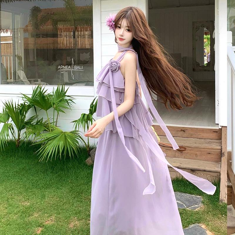 French purple suspender long dress female summer loose and thin lazy style big skirt elegant dress knee fairy skirt