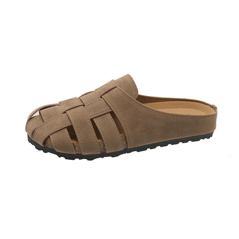 New sandals hollow 2025 flat bottom comfortable breathable retro half slippers women's summer wear lazy bag head weaving