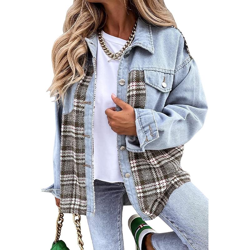 Denim Jacket Checkered Button Up Shirt Jacket Women's Patchwork Jacket Warm Comfortable Commuter Long Sleeved Shirt Autumn Winter