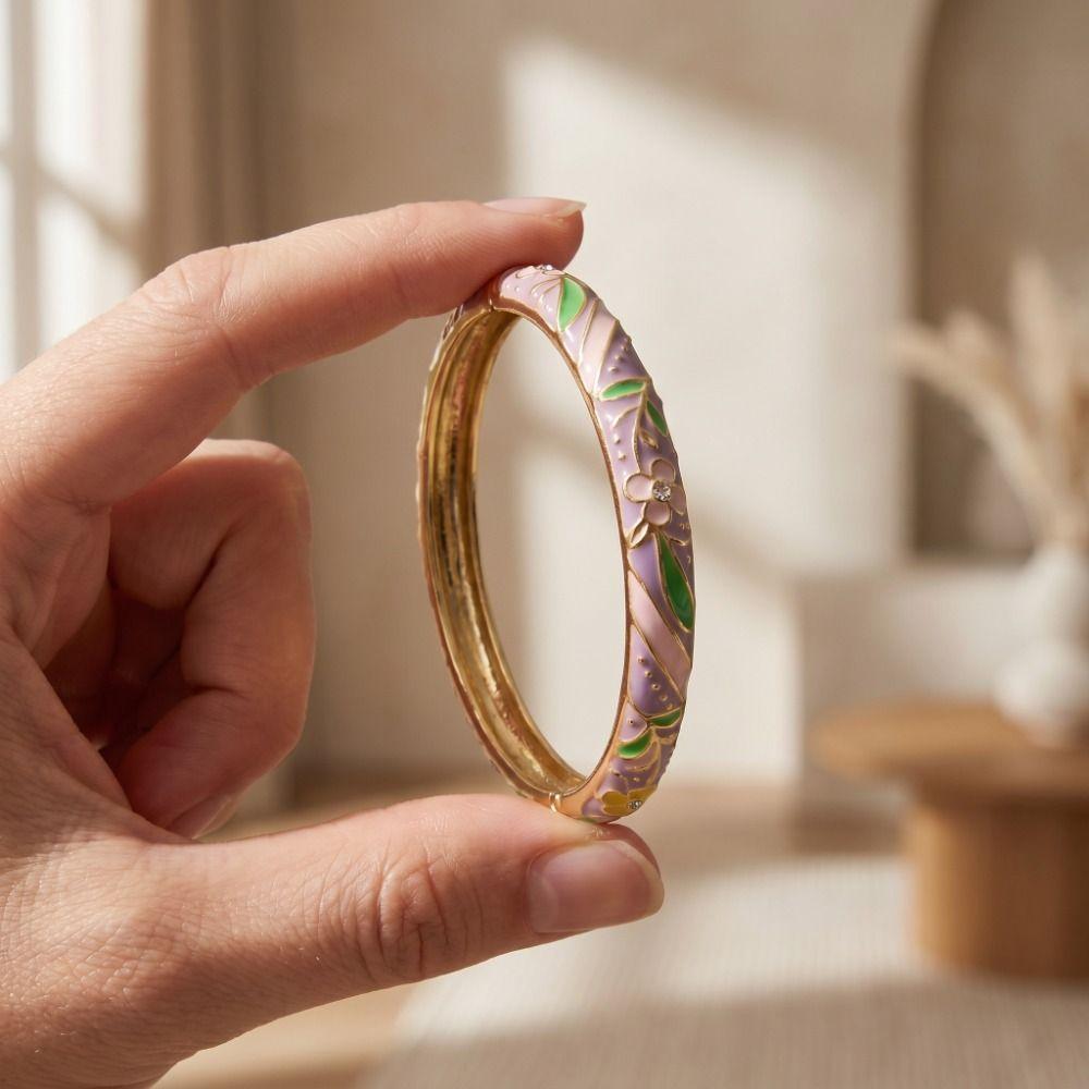 Colorful Gold Plated Floral Bangle Retro Rhinestone Inlay Oil Dipping Cuff Elegant