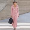 Vestido Largo de Manga Larga Ajustado de Forro Polar para Mujer Otoño Invierno Cremallera Cuello Polo Casual para Transfronterizo Europeo Americano
